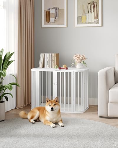 Hzuaneri Hundekäfig Möbel, Indoor Hundebox mit Kissen, Modernes Dreitür-Design, Beistelltisch aus Holz, Geeignet für Kleine und Mittelgroße Hunde, 80 x 55 x 61,5 cm, Weiß DFC87713W