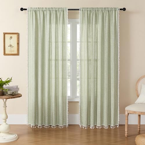 MitoVilla Sage Green Boho Linen Bedroom Curtains 84 Inch Length 2 Panels Set, Farmhouse Cotton Curtains for Living Room, Bohemian French Country Window Curtain Tassel Draperies, 52’’W x 84’’L