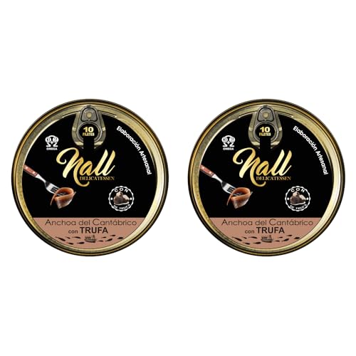 NALL DELICATESSEN Anchoas del Cantábrico XL 00 con aroma a TRUFA | Elaboración Artesanal con Aceite de Oliva Virgen Extra | 10 Filetes/Lata (2 Latas)