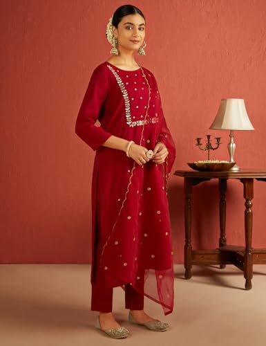 Image of Kaari Women's Hand Embroidered Kurta Set with Dupatta - Straight Fit | Silk Blend Fabric with Dabka Work | Sequin Work Organza Dupatta | Straight Pant with Side Pocket | Kurta Set For Women