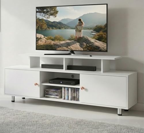Image of Alpine Willow 6 feet TV Stand Wooden (DIY Assembly) | TV Stand Table for 32-75 Inch TVs | TV Unit for Living Room | TV Entertainment Unit | TV Cabinet with Storage -180x40x65 cm (Frosty White)