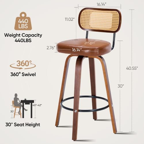 Image of Rattan Bar Stools Set of 2,Upholstered PU Leather, 30''Counter Height Barstools with Back and Wood Legs,360Swivel,Mid-Century Modern Bar Stool for kitchen Island Dining Room and Bar(Vintage Brown)