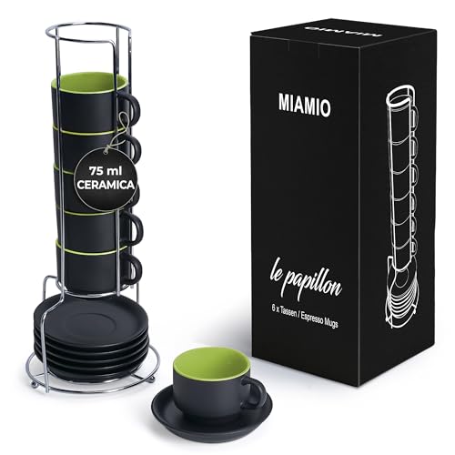 MIAMIO - 6 x 75 ml Espresso Tazzina da caffè - Sei Tazzine Impilabili - Set di Tazze da Caffè, Ceramica - Le Papillon Collezione (Verde)