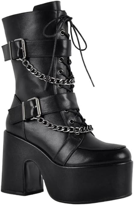 Only maker Women’s Platform Gothic Style Boots-Chunky High Heel Chain Detail Side Zipper-Punk Rock Ankle Boots for Party Clubwear Cosplay