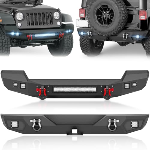 YZONA for Wrangler JK Full Width Front Bumper and Rear Bumper with 4 x 4.75-ton D-rings, 7 x LED Lights & 2" Hitch Receiver, Off-Road Steel Bumpers Compatible with 2007-2018 Jeep Wrangler JK JKU -  Y-XBCB-0007-0135-FBM