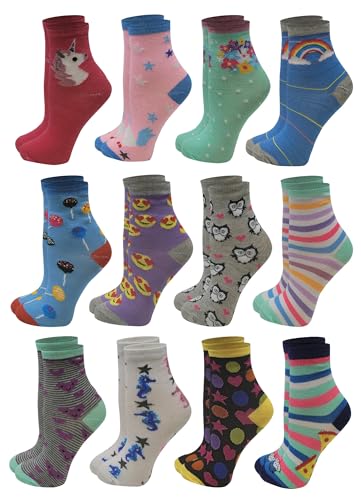 Ayla 12 Pairs Pack Kids Girls Colorful Creative Fun Novelty Design Crew Socks (6-8, Crazy Design)