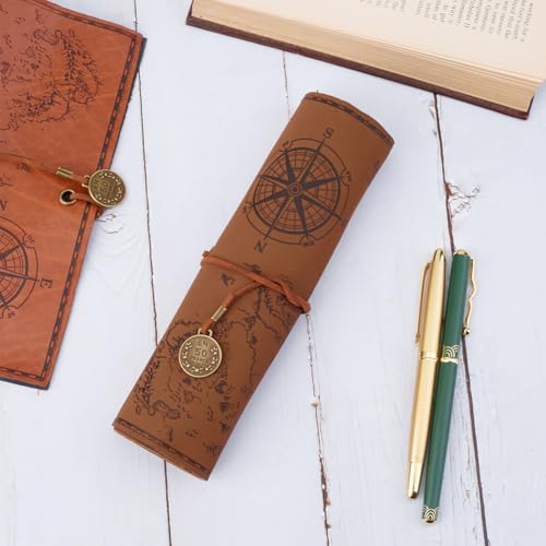 Image of GORGECRAFT PU Leather Pencil Bag Strap Vintage Treasure Map Compass Cover Rollup Storage Organizer Retro Pen Bag Wrap Roll Case Holder Portable Stationery Pouch for Artist Drawing Makeup Camel