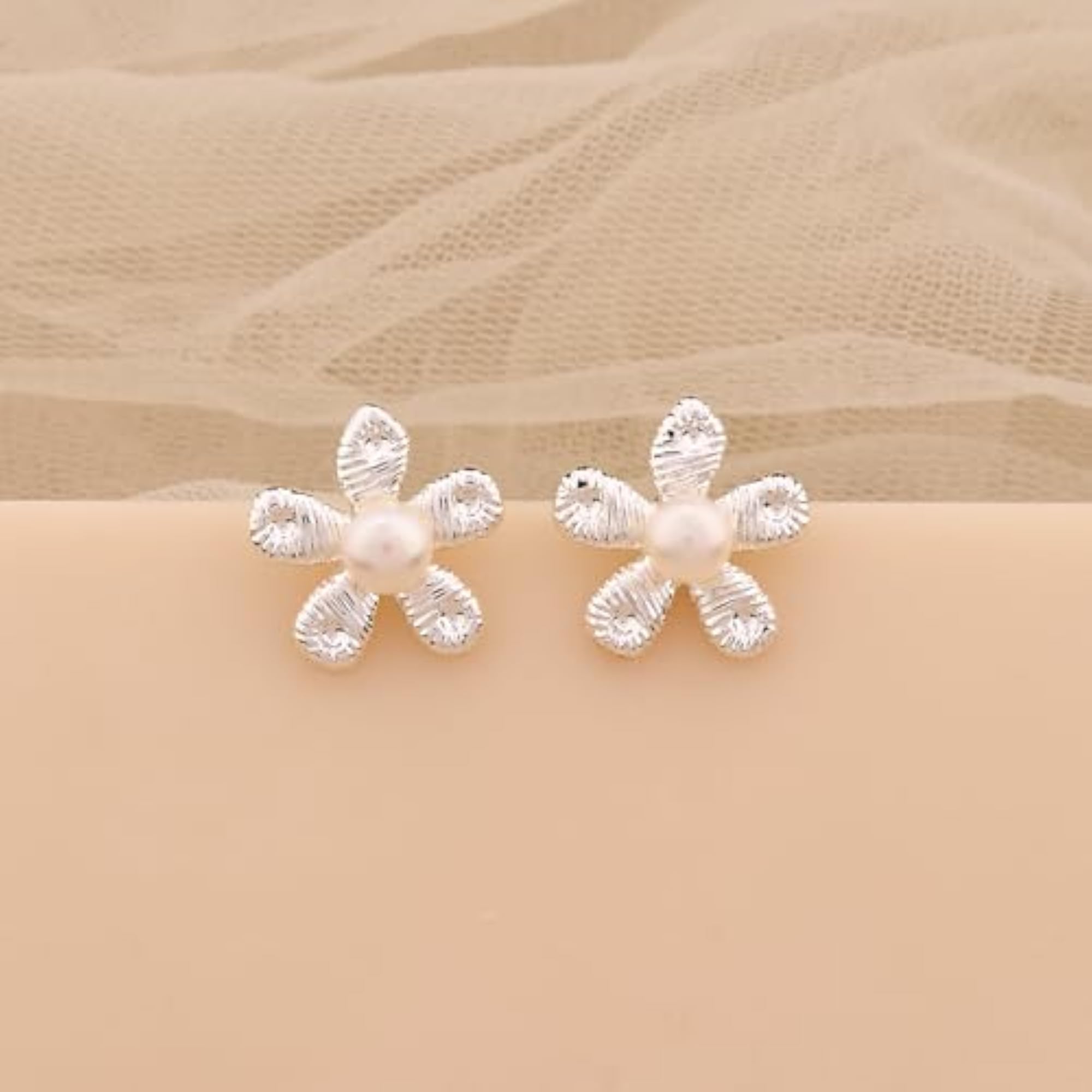 Women's Silver Plated Minimalist Floral Textured Pearl Stud Earrings