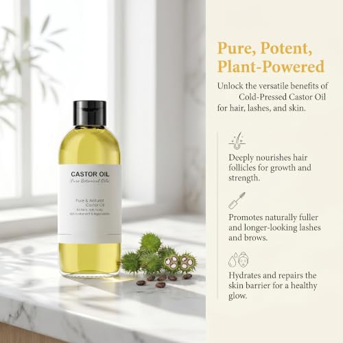 Image of Pure Castor Oil Natural - Cold Pressed, Hexane Free, Vegan, for Hair Growth, Skin Moisturizer, Eyebrows, Eyelashes, Nails & Scalp Massage, Lightweight Non-Greasy Daily Care, 3.72 fl oz