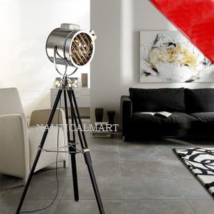 NauticalMart Marine Search Light Chrome Finish Wooden Tripod Floor Lamp