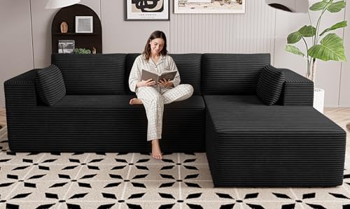 Image of 106 inch Cloud Sectional Boneless Couches for Living Room, Modular L Shaped Couch with Deep Seat Oversized Right Facing Chaise, Memory Foam Compressed Spineless 3 Seater Sofa for Apartment, Black