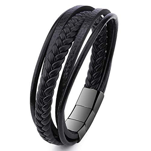 AidShunn Pulseras para Hombres Cuero Premium Cierre magnético Cuerda Pulsera Acero Inoxidable Longitud Flexible para Hombres