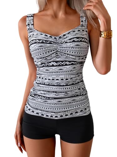 Image of B2prity Women's Tankini Swimsuit Tummy Control Ruched Two Piece Bathing Suit Push Up Modest Swim Suits with Shorts