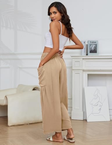 Flygo Women's Wide Leg Pants Summer Casual Loose Fit Beach Palazzo Harem Pants with Pockets(LightKhaki-M)4