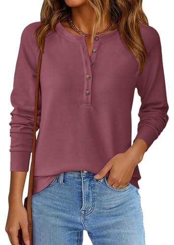 Image of PRETTYGARDEN Women's Long Sleeve Waffle Knit Henley Shirts