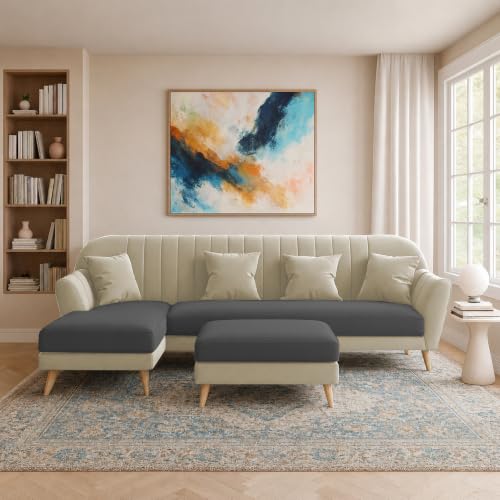 Image of Atticus LHS 6 Seater L Shape Sofa Set with Ottoman Living Room (Cream Black Colour Fabric) Premium Fabric Sofa Set for Living Room
