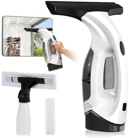 Window Vacuum Squeegee Cordless, 2000Pa Electric Window Cleaner Tool with 2200mAh & 150ml Water Collection Tank, Window Cleaning Kit Shower Squeegee for Glass Doors, Windows, Mirrors, Car (White)