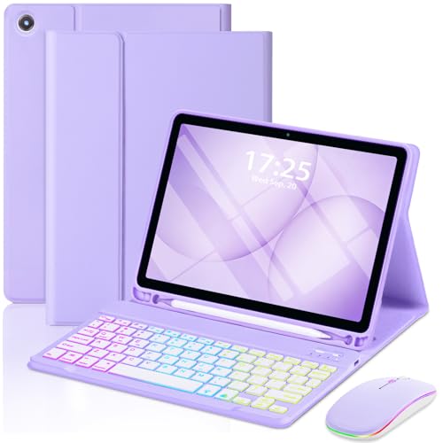 EAMPANG Case with Keyboard Mouse for Samsung Galaxy Tab A11 Plus/A9 Plus 2025/2023 11 inch,7 Color Rainbow Backlight Detachable USB-C Keypad Magnetic Case with Pen Slot for Tablet A11+ A9+ 5G Purple