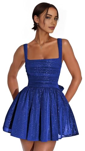 Sparkly Tulle Homecoming Dresses 2025 with Bow Short Square Neck Ruffle Prom Cocktail Party Gown for Teen LUO593