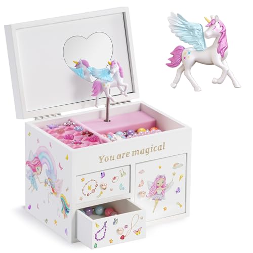 Lolalet Joyero de Madera para Niñas, Organizador de Joyería con Unicornio, Caja para Collar, Pendientes, Pulsera, Reloj, Pintalabios y Anillo - Blanco