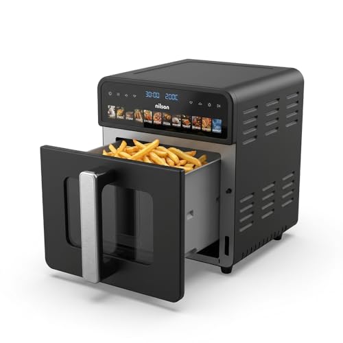 Nilson Life Freidora de Aire sin Aceite 10 Litros, Air Fryer NAF1000CXD, 1700 W, 35-230º C, Display LED, 12 Programas, Cesta Interior Antiaherente, Ventana de Visualización, Doble Resistencia