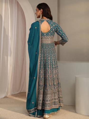 Image of Libas Art Embroidered Georgette Anarkali Kurta With Palazzos and Dupatta | ethnic wear | bridal suit | occasion wear