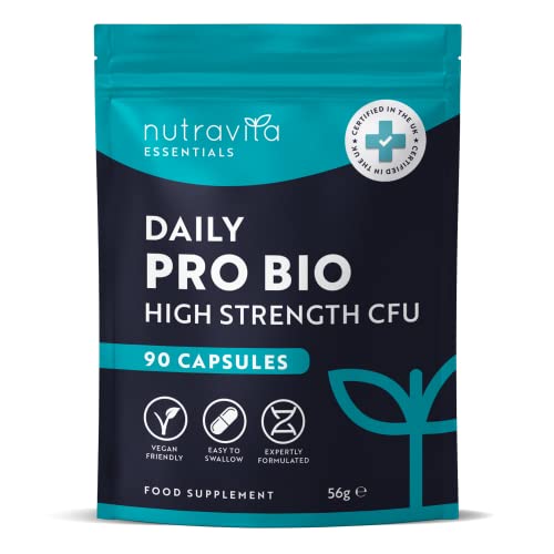 Probiotics for Gut Health - 90 Vegan Capsules (Not Tablets) for Bloating Relief - Supplements for Men & Women - Bio Cultures Complex with Lactobacillus Acidophilus - Nutravita