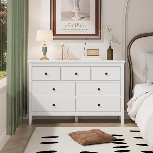 Image of CARPETNAL 47 inch White Dresser for Bedroom with 7 Drawer & Metal Handles