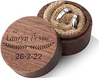 Personalised Wedding Ring Box for Mr and Mrs Wood Ring Bearer Box with Magnetic, Vintage Ring Jewelry Storage Box Holder for Proposal Wedding Engagement Ceremony, Round Shape, Walnut Wood