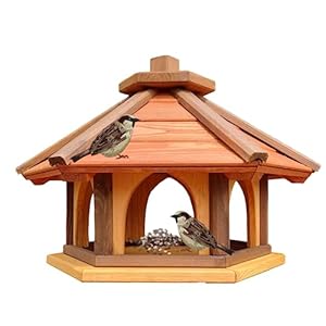 Vogelvoederhuis, zeshoekige houten voederplaats, vogelhuisje, vogelvoederhuis om neer te zetten voor de tuin, voederstation voor wilde vogels (bruin + rood + geel)