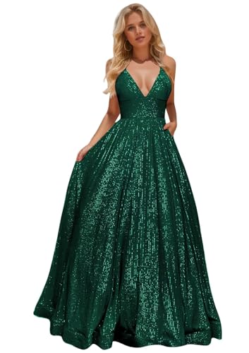 Sequin Prom Dresses with Pockets Spaghetti Straps Deep V Neck Corset Evening Ball Gown for Women