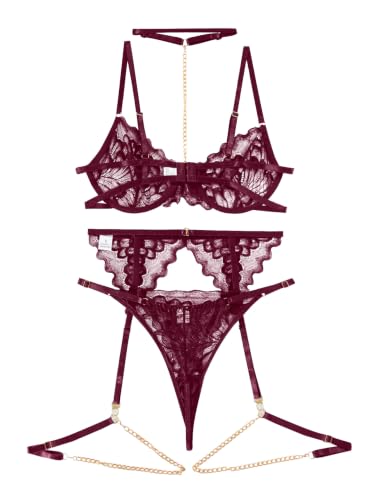 Image of Lilosy Sexy Choker Floral Lace Scallop Sheer Underwire Push Up Garter Belt Lingerie Set 3 Piece