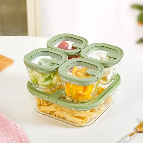 Image of Nestasia Vento Glass Containers with Lid Set of 5 (220ml x 4, 1320ml x 1) - Microwave, Refrigerator & Dishwasher Safe Containers with Air Vent Lid for Fridge Storage (Green)