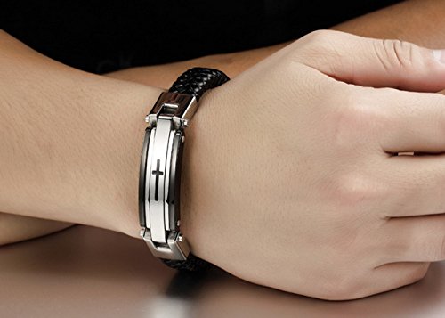 Feraco Mens Leather Cross Bracelets Christian Religion Stainless Steel Bracelet For Confirmation Gifts, 9.06 Inch(Black) #TOP4