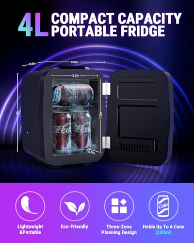 Image of FANSEXPERT Mini Fridge, 4 Liter /6 Cans Small Refrigerator With Dimmable LED Light,AC /DC Portable Mini Cooler and Warmer, Gaming Small Fridge for Bedroom,Office,Gaming Room and Car (Black)