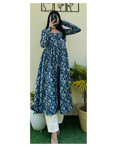 Image of Dhanna Fashion Women's Cotton Floral Print Kurta,Long Sleeve, A-Line Style