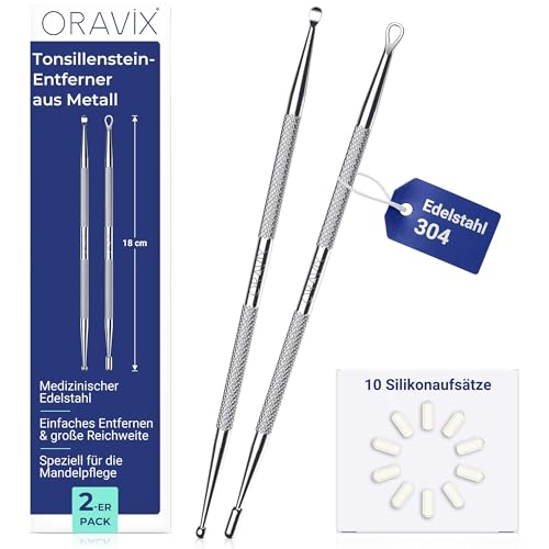 ORAVIX Tonsillenstein Entferner aus Metall zum Mandelsteine entfernen 2er-Pack Mundhygiene-Set mit 10 Silikonaufsätzen gegen Mundgeruch Mandelsteine & Mandelentzündungen für bessere Mundhygiene