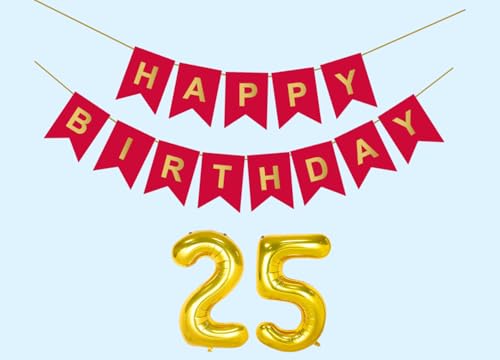 Image of 25th Happy Birthday Decoration Kit Red for 25 year Old Boys Girls Men with Number Twenty-five Party Decorations Decor Celebration Items Item Set Combo Reusable Paper Banner