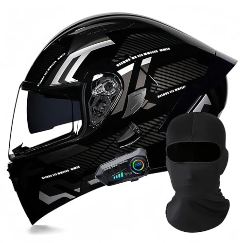 Motorhelm Bluetooth-Systeemhelm Met Dubbel Vizier Integraalmotorhelmen Met Ingebouwde Microfoon Voor Automatische Respons ECE-Certificering Voor Dames Heren Volwassenen 3,XL