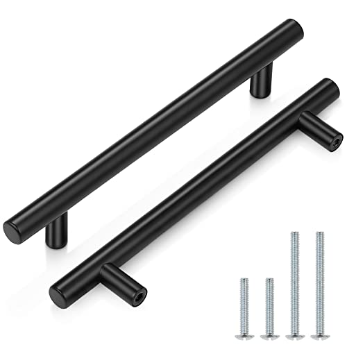 Image of Probrico 10 Pack|Flat Black Cabinet Pulls Modern Stainless Steel Hardware Cupboard Pull Kitchen Cabinet T Bar Handle Bathroom Drawer Pulls - 6-1 /3 inch Hole Centers