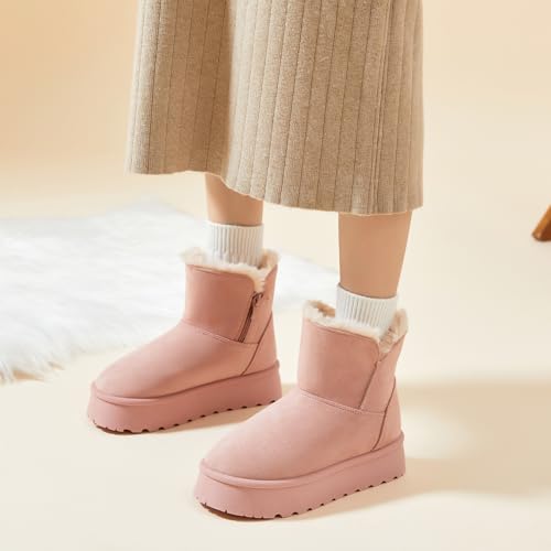 Image of THATXUAOV Womens Ankle Winter Boots, Anti-Slip Suede Mini Boot For Women,Side Zipper Platform Slip On Snow Boots With Fur Lining