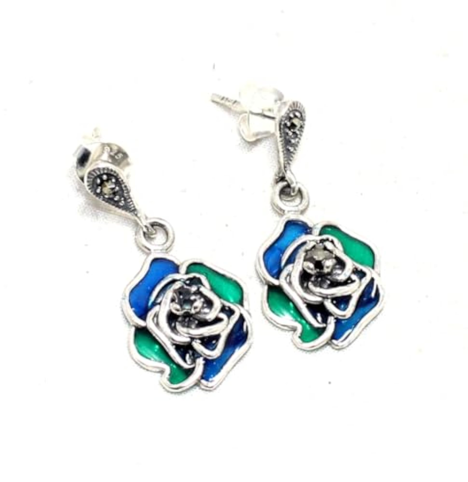 Women's 925 Sterling Silver Marcasite & Meenakari Designer Earrings