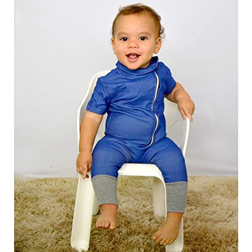 Macacão Jeans Bebê Menino Ou Menina Unissex Ziper Estiloso Azul Manga Curta Tamanho:12-24 M;Cor:Azul
