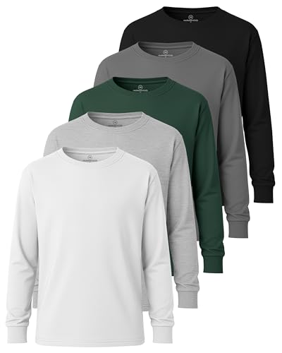 Image of 5 Pack Boys' Cotton Long Sleeve Jersey T Shirts Kids School Youth Tees | Available In US Sizes 4 To 18, Athletic Teen Crew Neck Tops, Breathable, Soft, Classic Fit, Active, Sports, Play, Casual