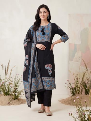 Image of INDO ERA Women's Pure Cotton Abstract Printed Mirror Work Kurta & Pant with Dupatta Set (IEAI13205)|Cotton Suits For Women With Dupatta