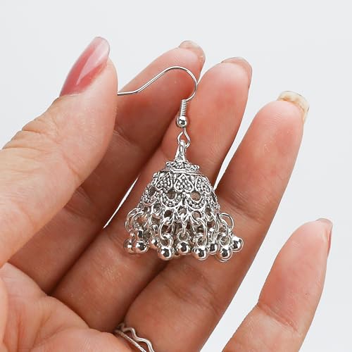 2 Pair Vintage Jhumkas Earrings 1.8'' for Women, Handmade Ethnic Antique Traditional Gold Plated Silver Earring - Small Indian Jhumki Jewelry Micro Earring Bell Tassel Drop Hanging Pendientes3