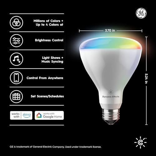 Image of GE CYNC Dynamic Effects BR30 Color Changing Light Bulb with Music Sync, RGB LED Light Bulb, Room Decor Aesthetic WiFi Smart Light, 9.5 Watts, Works with Amazon Alexa and Google, 1 Bulb