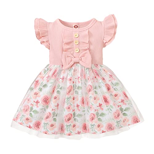0-5T Toddler Baby Girl Dresses Summer Clothes Princess Dress with Flower Print Lace Skirt Dress Flower Girl Dress (6-12 Months, Pink)
