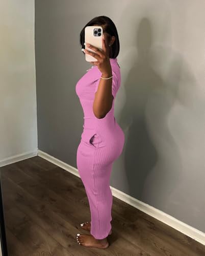 Image of Women's Casual Short Sleeve Dress T Shirt Bodycon Dresses Ribbed V Neck Maxi Sundress Basic Party Club Dress with Pocket