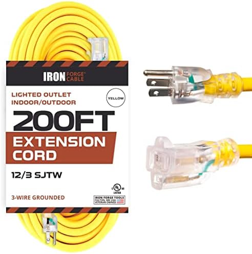 Iron Forge Heavy Duty Extension Cord, 200 ft Extension Cord Outdoor with 3 Prong Lighted End, 12 Gauge Extension Cord 200' Construction Grade Great for Major Appliances & Generator - US Veteran Owned